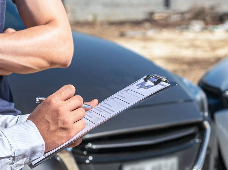 Insurance agent examine the damage of the car after accident on report claim form process