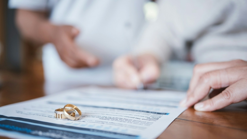 Family law, divorce and marriage court for couple with a contract, document or legal paperwork to s